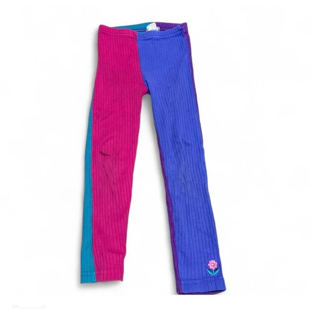 Vintage Gymboree Colorblock Ribbed Leggings Girls Large Embroidered Flower 90s